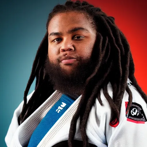 Image similar to photo of chubby black bjj athlete with long dreads posing, serious face, white belt