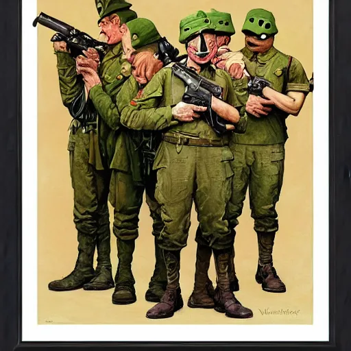 Image similar to soldier and comrads and pepe the frog by norman rockwell