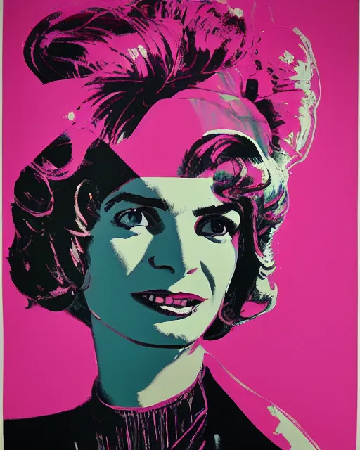 Image similar to beautiful fantasy character portrait, jacqueline kennedy silk screen print by andy warhol, wearing oversized puffy pink bomber jacket and black bikini, ultra realistic, wide angle, seductive pose, cyberpunk artifacts, highly detailed by peter mohrbacher, hajime sorayama, wayne barlowe, boris vallejo, aaron horkey, gaston bussiere, craig mullins