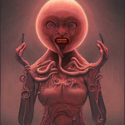 Image similar to naraka buddhist demon korean female, happy female alien, tubular creature, blood vessels, no face, dystopian surrealism, alex ries zdzisław beksinski, symmetrical long head, smooth marble surfaces, smooth marble surfaces, detailed ink illustration, detailed ink illustration, raiden metal gear, cinematic smooth stone, deep aesthetic, concept art, intricate