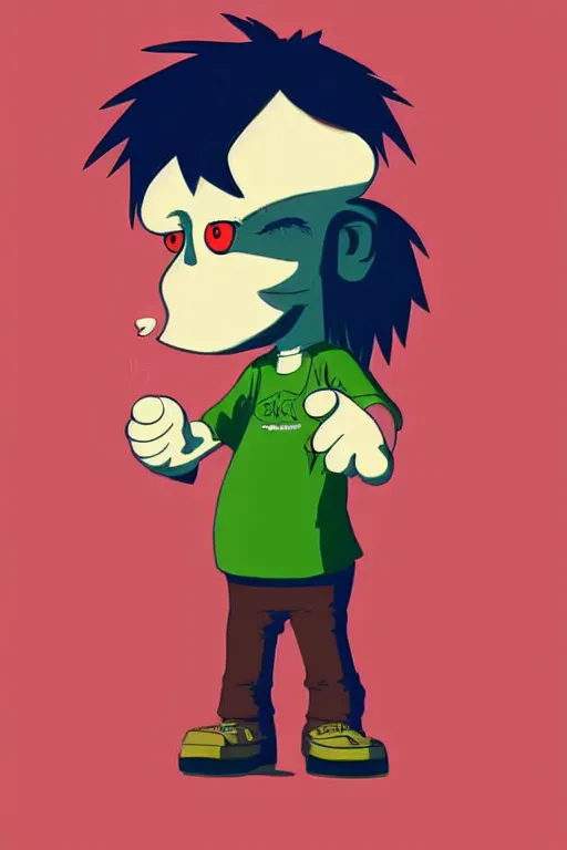 Image similar to Full body portrait of a short!, overweight!! teenage boy, medium length brown hair and fringe, eyes half closed, mouth open, not intelligent, standing in road, cartoon by Jamie Hewlett, cel shaded, gorillaz, Trending artstation, deviantart, digital art