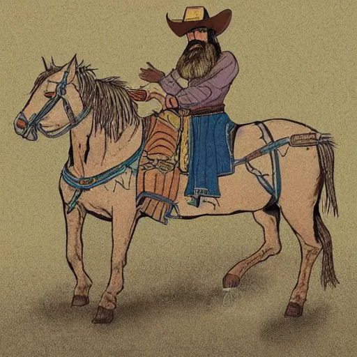 Prompt: bearded cowboy, standing alone, asian steppe in background, persian folkore illustration