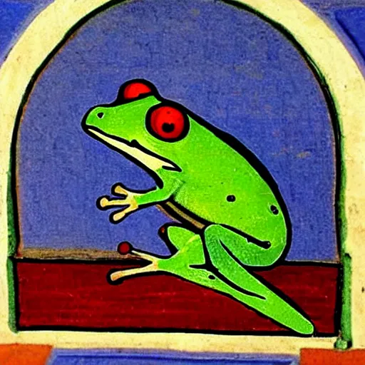 Image similar to medieval painting of a frog behind a computer