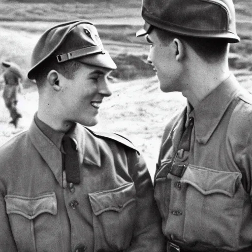 Image similar to a professional photograph of two handsome young wwii soldiers finding love in the bunkers