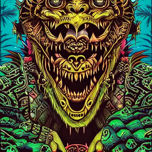 Prompt: barong family member at pool party, wiwek, mara demon, one single tribe member, jungle, one single mask, dark, ancient warrior, gorilla, lizard, tribal, inner glow, art by dan mumford and justin gerard