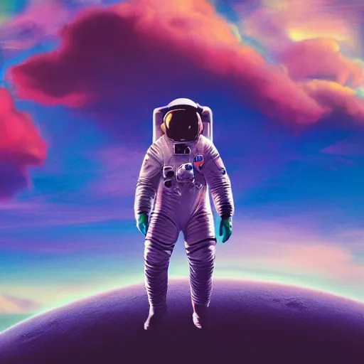 Prompt: a futuristic detailed astronaut walking on an alien psychedelic planet with strange colorful clouds and distant mountains, 8 k