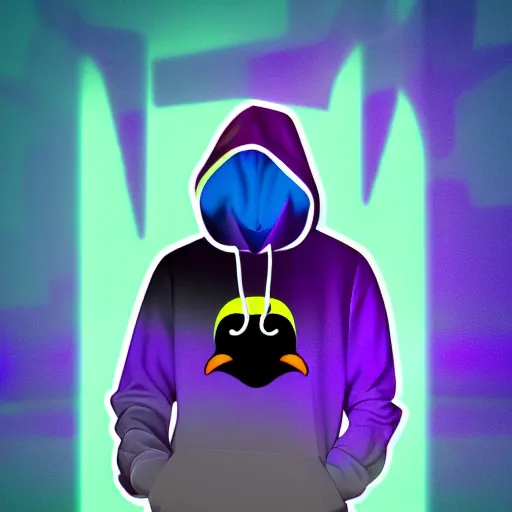 Image similar to penguin in hoodie, portrait, vaporwave, synthwave, neon, vector graphics, cinematic, volumetric lighting, f 8 aperture, cinematic eastman 5 3 8 4 film, photorealistic