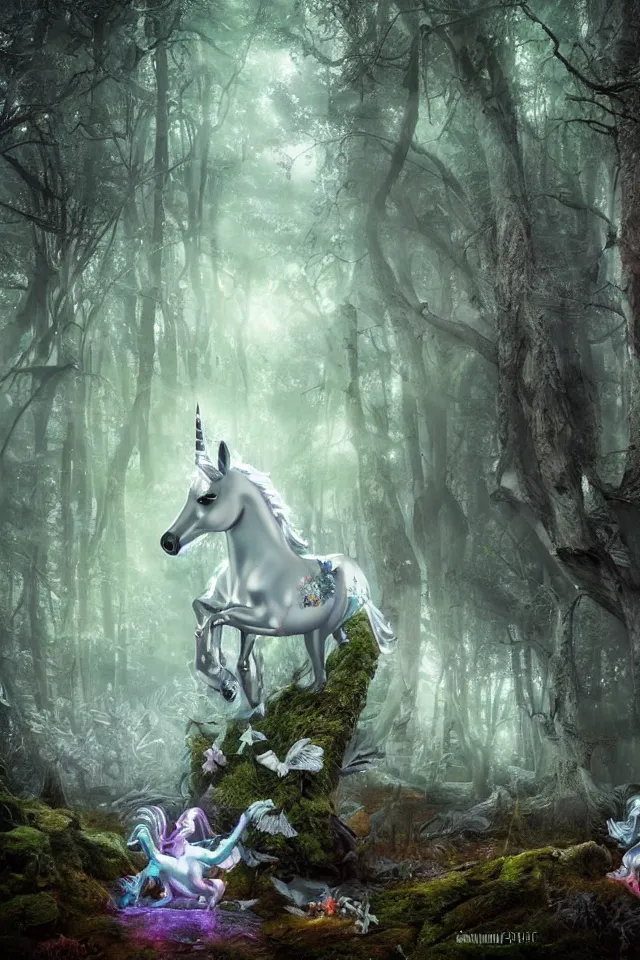 Prompt: there is a silver unicorn in the forest, unicorns around the shimmering light, fireflies flying in the forest, the dreamy crystal atmosphere ， super wide angle ， matte painting ， rtx on ， by karine eibatova and john pitre ， trending on cgsociety and artstation, volumetric light ， surreal