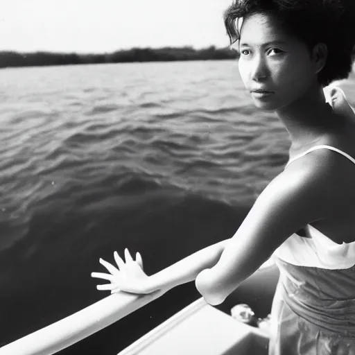 Prompt: Beautiful woman touching water while looking at camera on boat, monochrome, 90s, realistic,