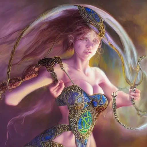 Image similar to celtic catgirl mage casting a spell, expressive oil painting, digital art, trending on artstation, highly detailed, by Yoshitaka Amano