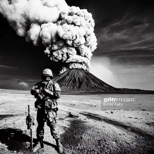 Prompt: A heavy-armored soldier standing infront of an erupting volcano, black and white, professional photography, eerie, cinematic