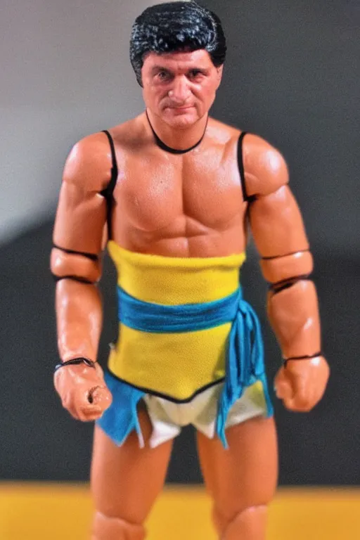 Image similar to volodymyr zelensky as a 1 9 8 0 s wrestling action figure, володимир зеленськии,