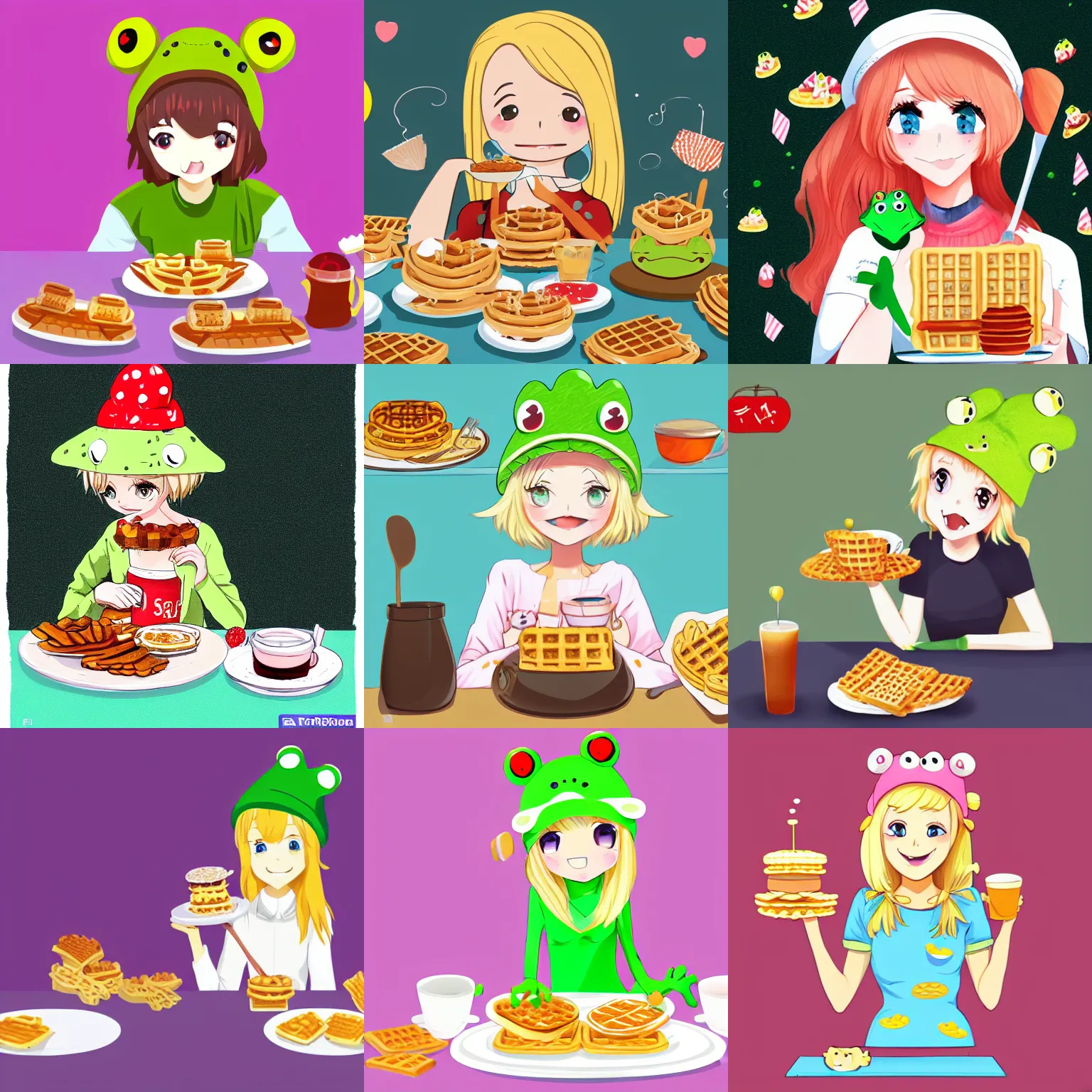 Prompt: cute blonde girl wearing a frog hat eating waffles for breakfast, surrounded by cute little frogs, frog - themed kitchen, trending on art station, anime style, well drawn, award winning, 2 d