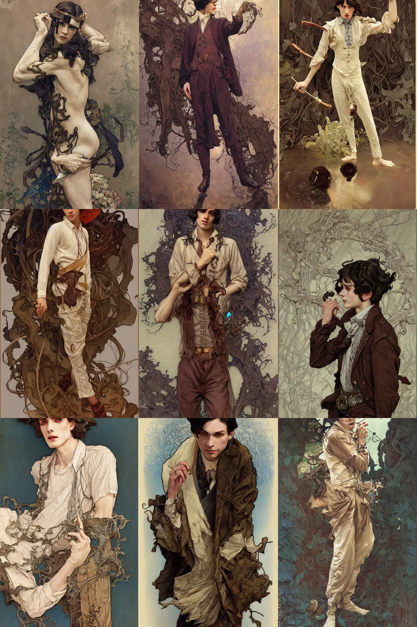 Prompt: thin young male, long dark hair, 1 9 2 0 s clothes, fantasy, highly detailed, intricate, smooth, art by joseph leyendecker, peter mohrbacher, ruan jia, marc simonetti, ayami kojima, cedric peyravernay, alphonse mucha