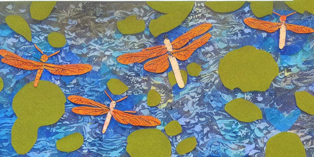 Prompt: dragonflies darting above a peaceful stream. hand - painted collage cut paper. by eric carle