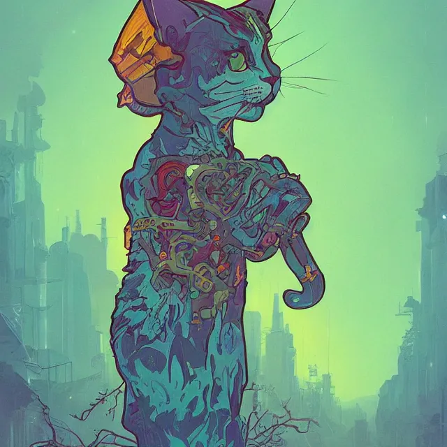 Prompt: a beautiful painting of a cat by simon stalenhag and pascal blanche and alphonse mucha and nekro. in style of digital art. colorful comic, film noirs, symmetry, vibrating colors, hyper detailed. octane render. trending on artstation