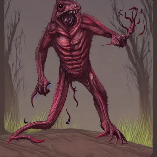 Prompt: big butcher anthropomorphic male lizardfolk posing scarily, scary angry pose, covered in blood, fresh kill, cleaver, in a forest, earie setting, lovecraft, eldritch, horror, hyperdetailed, furaffinity, furry art