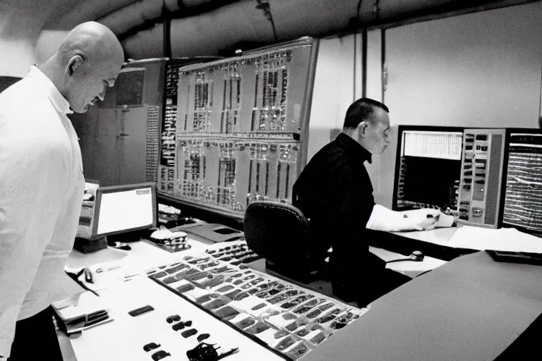 Image similar to movie heavyset bald man wearing a white shortsleeved shirt and blue jeans working in a nuclear silo control room by Roger Deakins