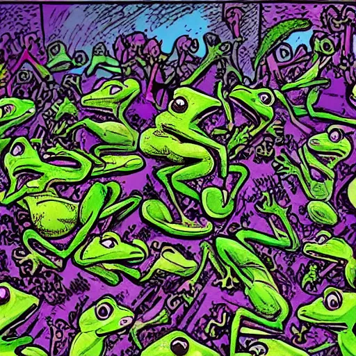 Prompt: frogs in a moshpit