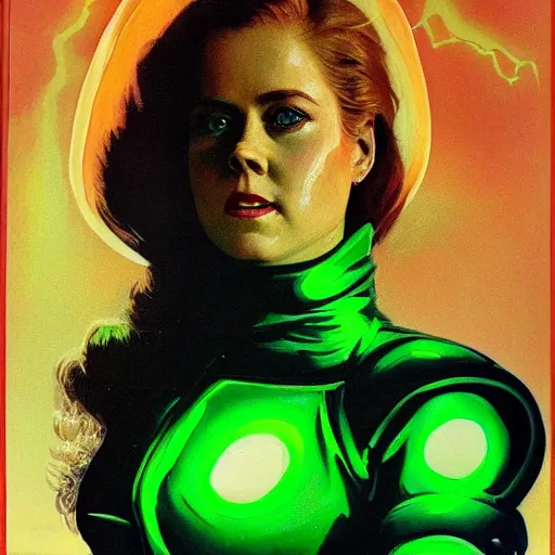 Image similar to ultra realistic portrait painting of amy adams in a hazmat suit surrounded by glowing green radiation, art by frank frazetta, vintage levi ’ s ad, stormy weather, dark vibes, 4 k, ultra realistic, highly detailed, epic lighting