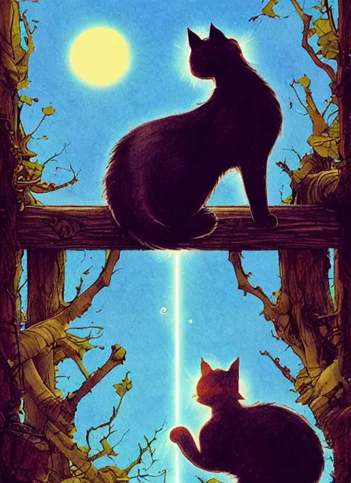 Image similar to a hyper realistic ink cat and the meaning of life and sunbeams blue sky, lush forest comic by chiara bautista and norman rockwell and greg rutkowski weta studio, and lucasfilm