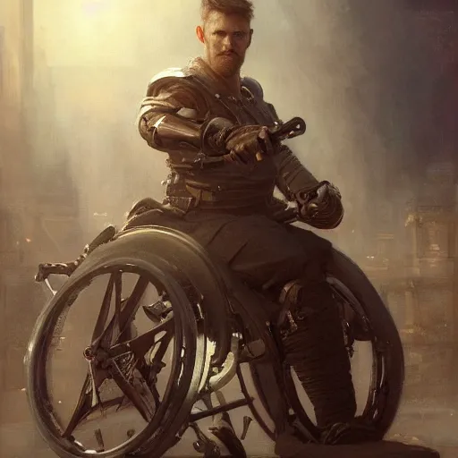 Image similar to handsome portrait of a wheelchair guy fitness posing, radiant light, caustics, war hero, one legged amputee, by gaston bussiere, bayard wu, greg rutkowski, giger, maxim verehin