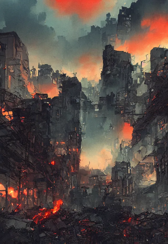 Image similar to crying humans, scared humans, panic, scene with a few (((zombies))) walking, destroyed city at the background, some smoke and fire, blue sky with dramatic clouds, line art, ink, watercolor by Kilian Eng and by Jake Parker, heavy brushstrokes, winning-award masterpiece, fantastic, octane render, 8K HD Resolution, High quality image