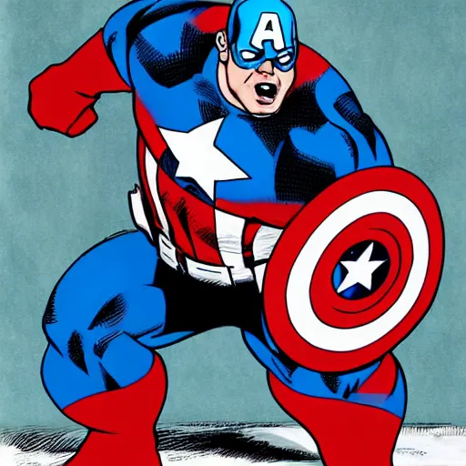 Prompt: the chunkiest flabbiest widest version of Captain America possible by Rob Liefeld