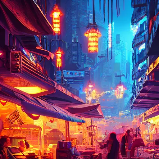 Image similar to fantastic lighting, pixel art, high detail, cyberpunk market, 2 d