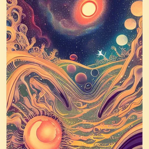 Prompt: cosmic lovers, space and time, traveling together in the cosmos galaxy swirls cosmic horror beautiful retro scifi cover style stanislaw lem