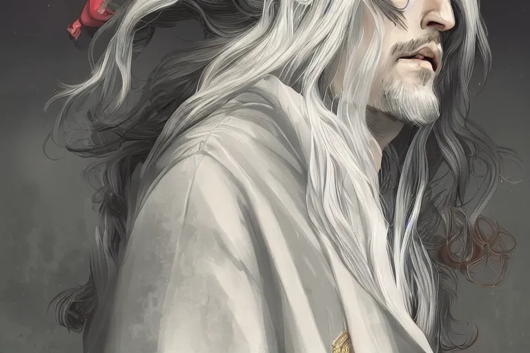 Prompt: handsome man with white long hair in kimono, d & d, fantasy, portrait, highly detailed, headshot, digital painting, trending on artstation, concept art, sharp focus, illustration, art by wlop