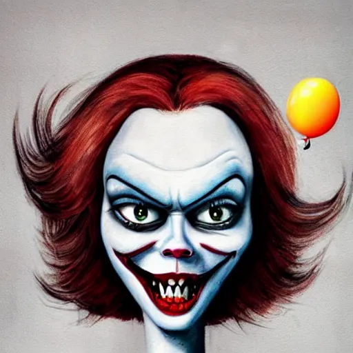 Image similar to grunge cartoon painting of margot robbie with a wide smile and a red balloon by chris leib, loony toons style, pennywise style, corpse bride style, horror theme, detailed, elegant, intricate