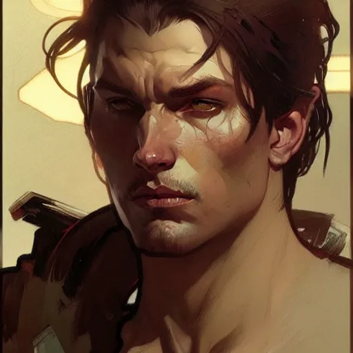 Prompt: portrait of depressed chad, male, muscular, handsome D&D, concept art, art by Greg Rutkowski and Alphonse Mucha