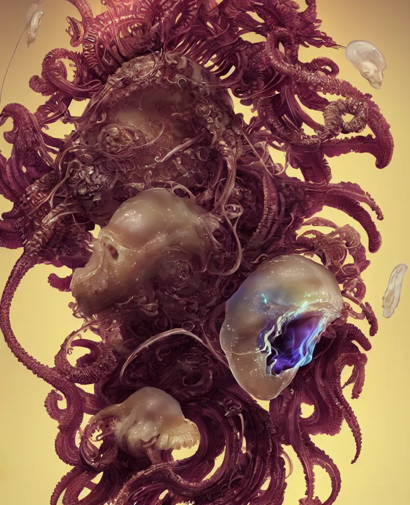 Image similar to goddess close-up portrait ram skull. jellyfish phoenix head, nautilus, orchid, ram skull, betta fish, bioluminiscent creatures, intricate artwork by Tooth Wu and wlop and beeple. octane render, trending on artstation, greg rutkowski very coherent symmetrical artwork. cinematic, hyper realism, high detail, octane render, 8k