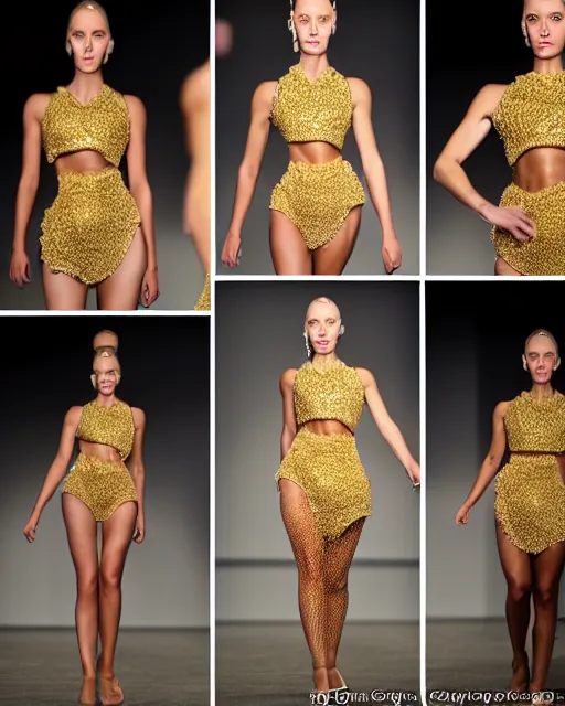 Image similar to multi panel storyboard of olivia wearing an outfit made of golden donuts, runway model at new york fashion week, fit physique, black hair, freckles, pale skin, multiple angles, photo by greg rutkowski, stage lighting, soft colors, female beauty, intricate detail, elegance, 3 5 mm, depth of field, masterpiece