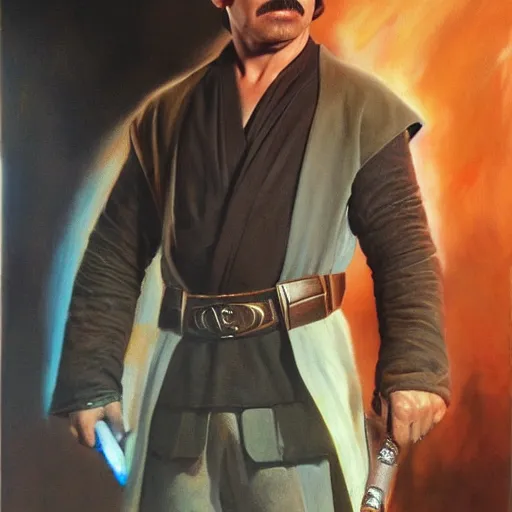 Prompt: ultra realistic portrait painting of tom selleck as anakin skywalker, art by frank frazetta, 4 k, ultra realistic, highly detailed, epic lighting