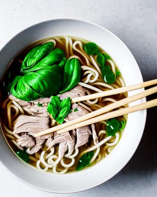 Image similar to realistic photo of delicious pho, ramen, bowl, white kitchen table, cloth, thai basil, highly detailed, by marc haydon, kailee mandel, masterpiece, award winning, food photography