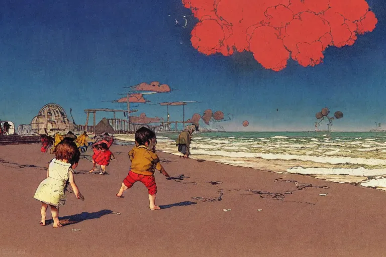 Image similar to children playing at empty beach, huge atomic explosion in the background, wide angle shot, oil on canvas by norman rockwell, by mattias adolfsson, by moebius and satoshi kon, hd, 4 k, high quality,