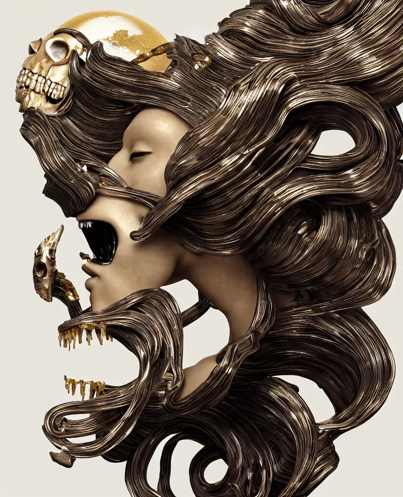 Image similar to goddess princess face close-up portrait ram skull. sculpture made of polished gold and matte obsidian. jellyfish phoenix head, nautilus, orchid, skull, betta fish, bioluminiscent creatures, intricate artwork by Tooth Wu and wlop and beeple. octane render, trending on artstation, greg rutkowski very coherent symmetrical artwork. cinematic, hyper realism, high detail, octane render, 8k