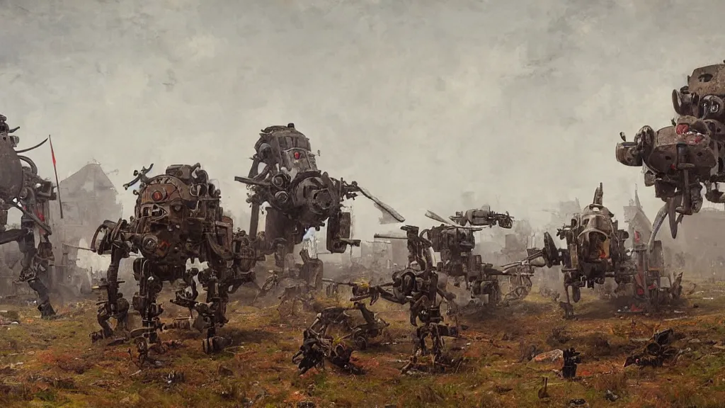 Image similar to 1920's battle in a farming village between bipedal mechs, painted by Jakub Rozalski