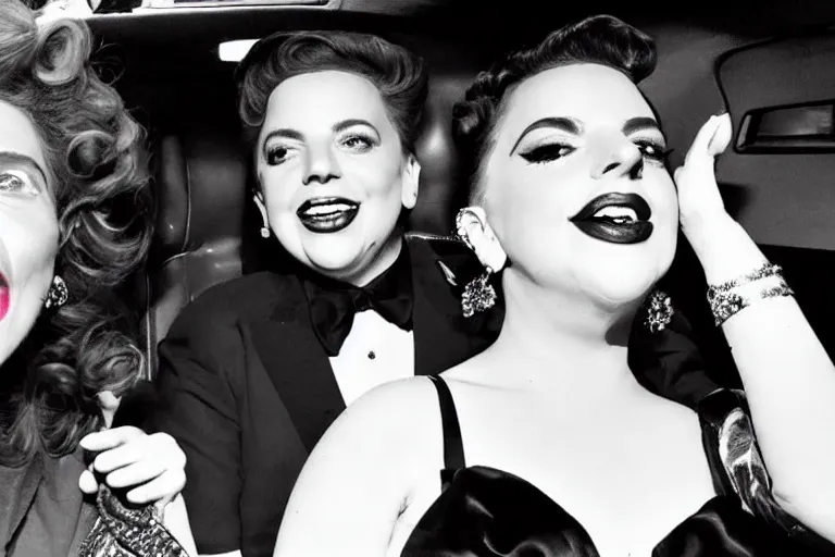 Image similar to lady gaga and judy garland doing carpool karaoke, lady gaga and judy garland, carpool karaoke, lady gaga, judy garland, carpool karaoke, youtube video screenshot, the late late show with james corden