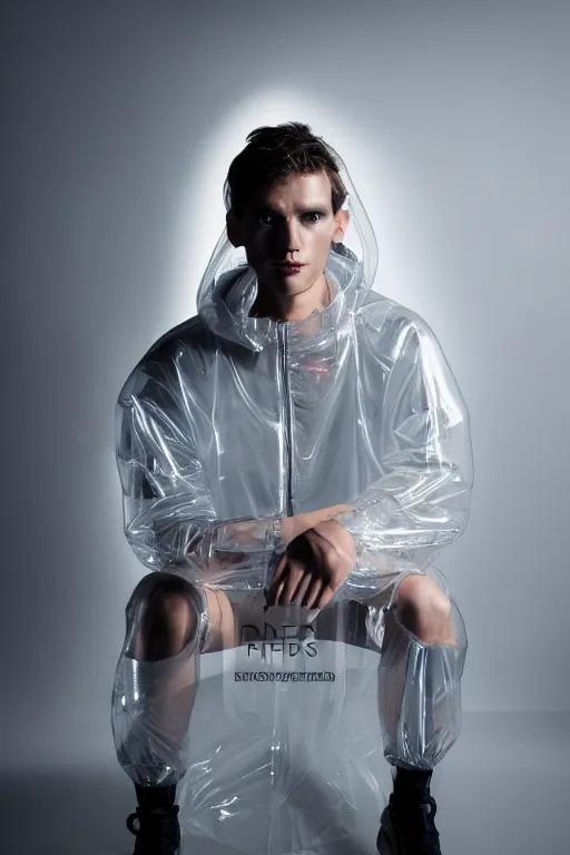 Image similar to an ultra high definition professional high fashion portrait studio full length photograph of a male model wearing a transparent pearlescent raincoat and neon visor sitting on a sofa in an icelandic black rock environment at dawn. no artefacts. extremely detailed. stark. refraction. shallow depth of field. volumetric light and shadow. ray tracing. light rays.