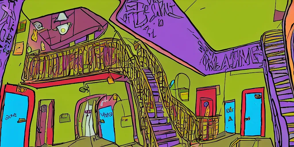 Prompt: a colorful dimly lit, theater access corridor, 3 doors, 1 staircase, day of the tentacle style, fish eye, drawn by Scott C