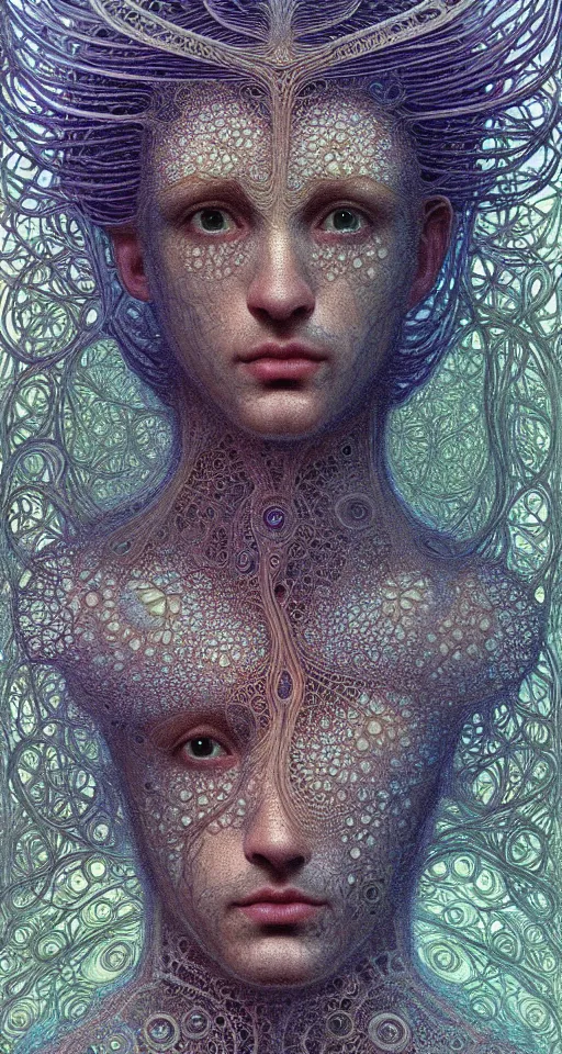 Prompt: realistic extremely detailed 3d fractal lace 3d skin photo style portrait painting of an average angel man with exposed clear brain , retro futuristic ,water , style hybrid mix of beeple,Jean Delville, Amano,Yves Tanguy, Alphonse Mucha, Ernst Haeckel, Edward Robert Hughes,Stanisław Szukalski and Roger Dean, rich moody colors,diamond dust glitter and sparkles,krypton ion,blue eyes,octane render,4k,f32