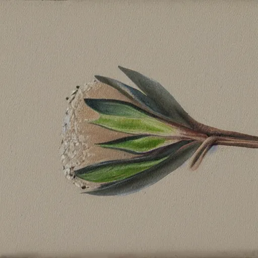 Image similar to detailed painting of a single small seed sitting on loose fresh earth, breaking open to reveal the cotyledon. muted colors and natural tones.