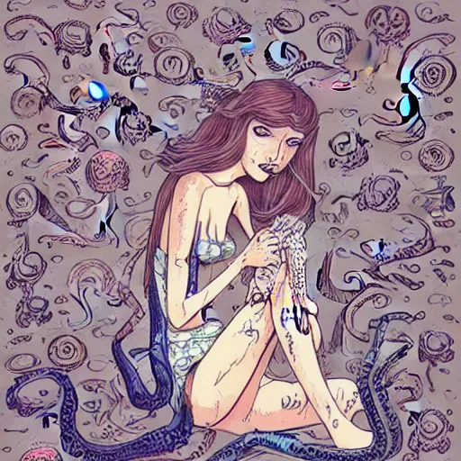 Image similar to a sad girl with octopus tentacles instead of limbs sitting on the floor, illustration by James Jean