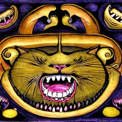 Image similar to dark cat god detailed illuminated manuscript teeth fangs tails