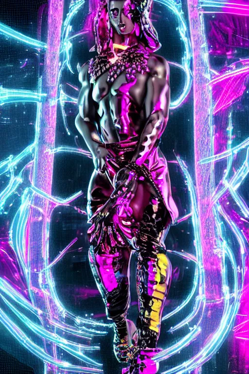 Prompt: hyper detailed ultra sharp fullbody photo of baroque and cyberpunk reflective pink ceramic sculpture of a muscular seductive young mexican feeling highly aroused bem dotado, iridescent humanoid deity wearing black and white striped seethrough cloak, holding a rainbow tiger gem, blue diamond, glowing pink face, crown of white diamonds, cinematic lighting, photorealistic, octane render 8 k