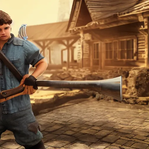 Prompt: realistic 3 d render of blacksmith kid character holding big hammer, unreal engine 5, extremely detailed