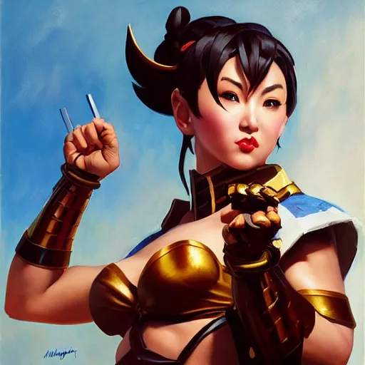 Image similar to greg manchess portrait painting of partially armored chun li from street fighter as overwatch character, medium shot, asymmetrical, profile picture, organic painting, sunny day, matte painting, bold shapes, hard edges, street art, trending on artstation, by huang guangjian and gil elvgren and gerald brom